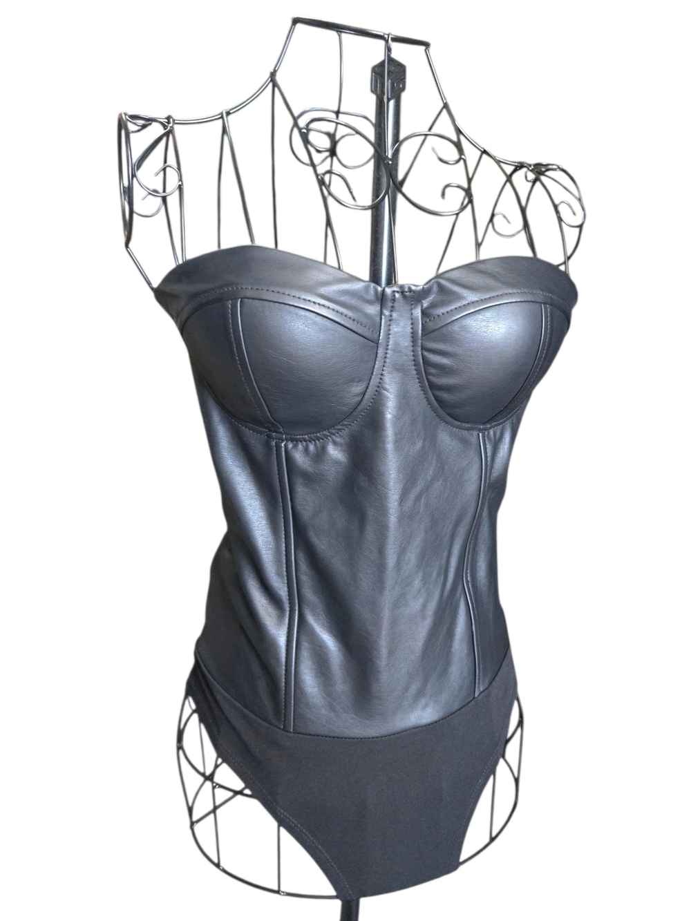 Aqua Black Faux Leather Strapless Bustier